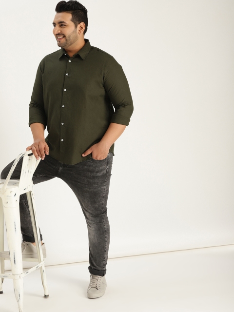 

Sztori Plus Size Men Olive Green Regular Fit Solid Casual Shirt