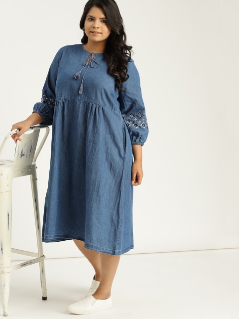 

Sztori Plus Size Women Blue Solid Denim A-Line Dress