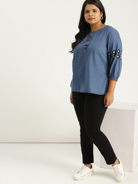 

Sztori Plus Size Women Blue Chambray Solid A-Line Top