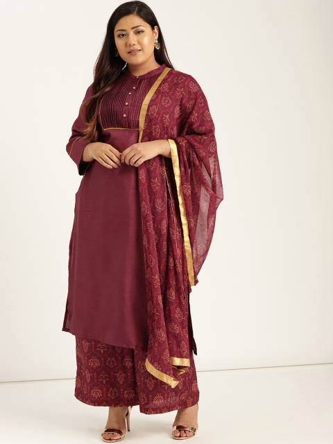 

Sztori Plus Size Women Maroon Beige Solid Kurta with Palazzos Dupatta