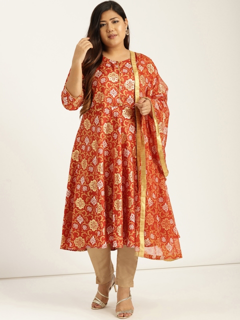

Sztori Plus Size Women Red Beige Printed Kurta with Trousers Dupatta