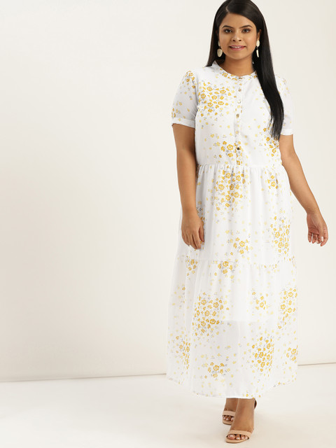 

Sztori Plus Size Women White Yellow Printed Maxi Dress