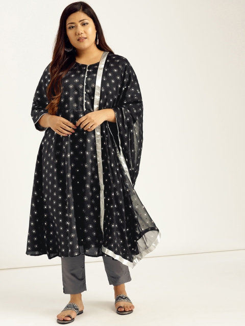 

Sztori Plus Size Women Black Grey Printed Kurta with Trousers Dupatta