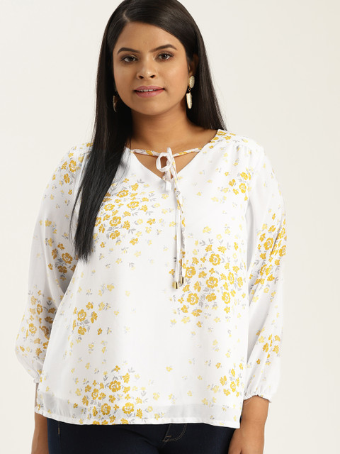 

Sztori Plus Size Women White Yellow Printed Top