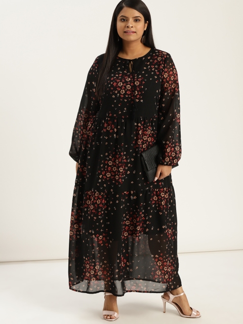 

Sztori Plus Size Women Black Orange Printed Maxi Dress