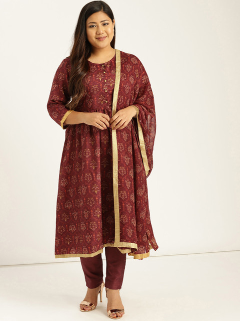 

Sztori Plus Size Women Maroon Beige Printed Kurta with Trousers Dupatta