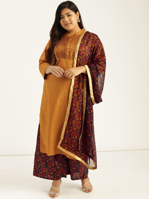 

Sztori Plus Size Women Mustard Yellow Navy Blue Solid Kurta with Palazzos Dupatta