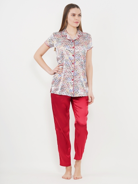 

Sweet Dreams Women Cream-Coloured & Red Printed Front Open Night suit