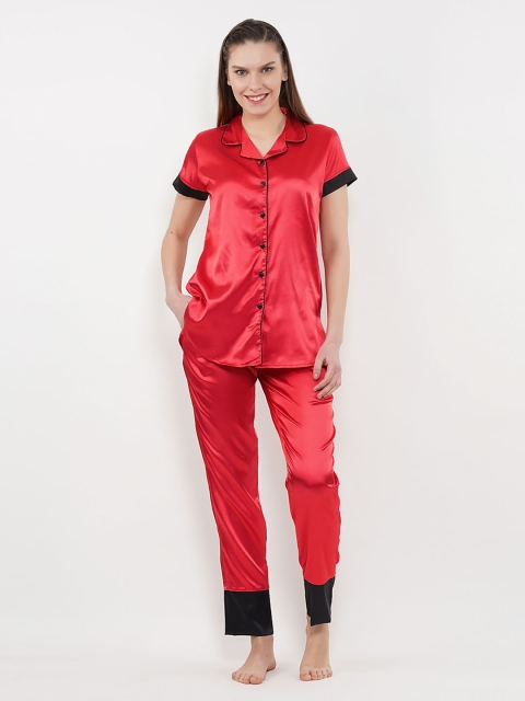 

Sweet Dreams Women Red Solid Front Open Night Suit