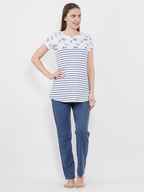 

Sweet Dreams Women White & Blue Striped Night Suit