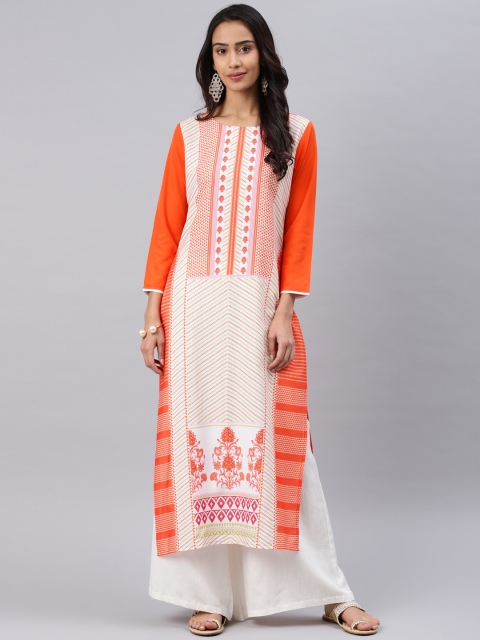 

AHIKA Women Orange & Off-White Printed Straight Kurta