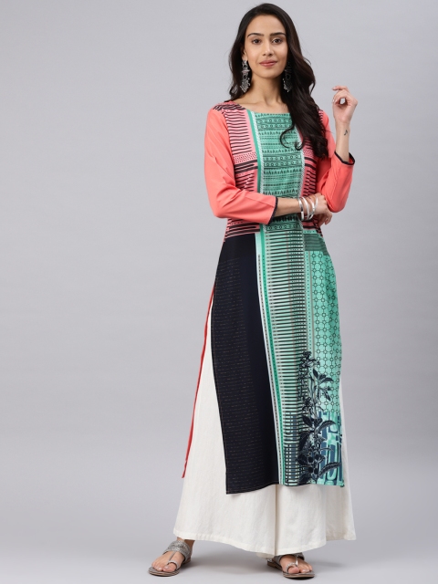 

AHIKA Women Peach-Coloured & Green Printed Straight Kurta