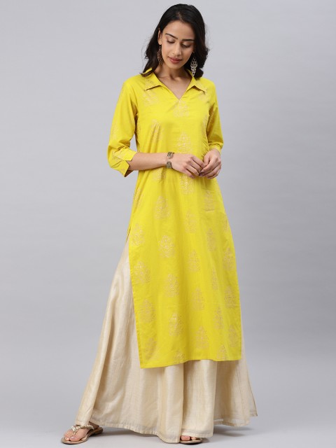 

AHIKA Women Mustard Yellow Printed Straight Kurta