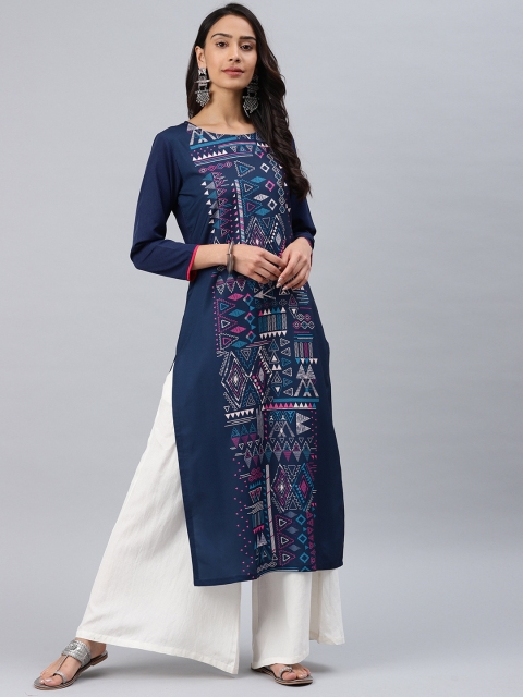 

AHIKA Women Navy Blue Printed Straight Kurta