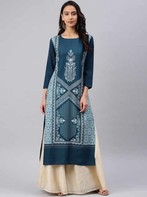 

AHIKA Women Teal Blue Printed Straight Kurta