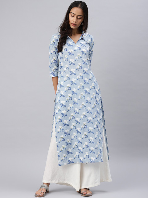 

AHIKA Women Blue & White Printed Straight Kurta