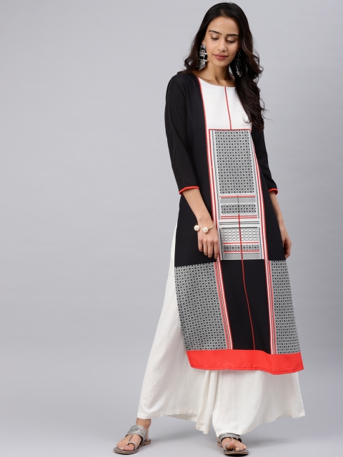 

Vaamsi Women Black & White Printed Straight Kurta