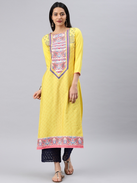 

AHIKA Women Yellow Yoke Design Straight Kurta