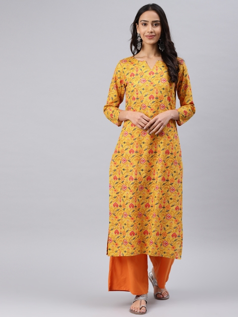 

AHIKA Women Mustard Yellow & Pink Printed Straight Kurta