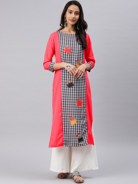 

AHIKA Women Coral Red & Black Checked Straight Kurta