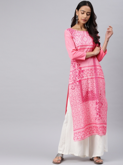 

AHIKA Women Pink & Off-White Printed Straight Kurta