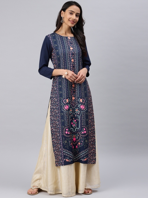 

AHIKA Women Navy Blue Printed Straight Kurta