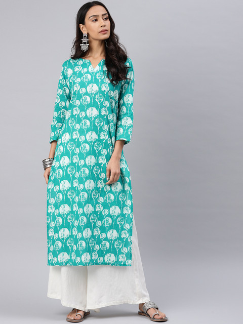 

AHIKA Women Turquoise Blue & White Printed Straight Kurta