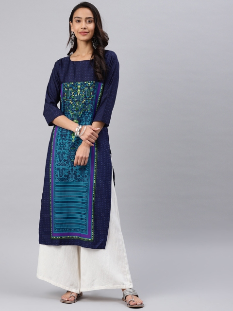 

Vaamsi Women Navy Blue Printed Straight Kurta