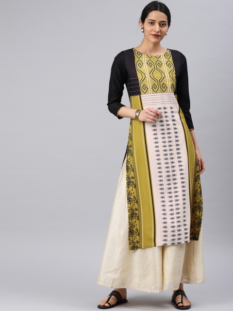 

AHIKA Women Black & Mustard Yellow Printed Straight Kurta