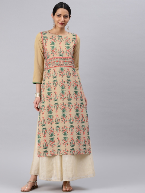 

AHIKA Women Beige & Green Printed Straight Kurta