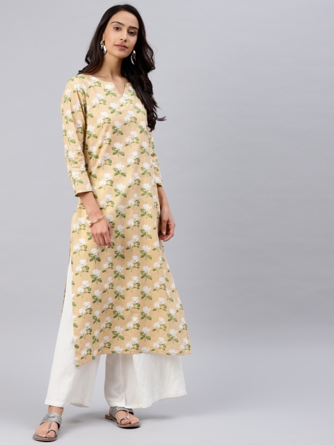 

AHIKA Women Beige & Green Printed Straight Kurta