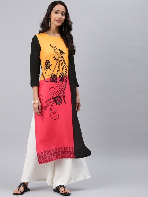 

AHIKA Women Black & Pink Printed Straight Kurta