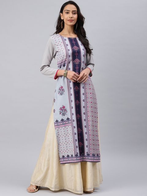 

AHIKA Women Grey & Navy Blue Printed Straight Kurta