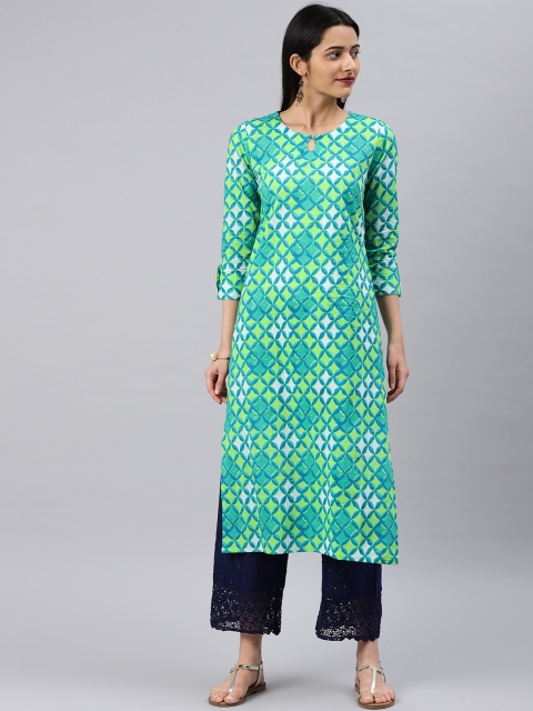 

AHIKA Women Green & Blue Printed Straight Kurta