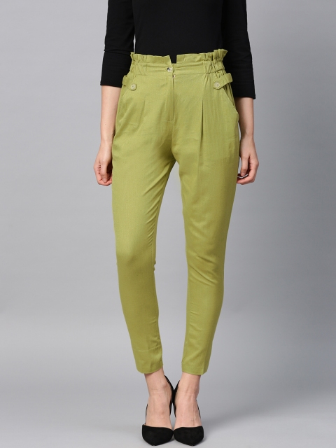 

Tulsattva Women Olive Green Smart Tapered Fit Solid Cropped Trousers