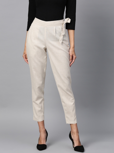 

Tulsattva Women Off-White Smart Tapered Fit Cropped Peg Trousers