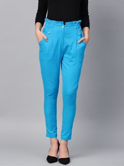 

Tulsattva Women Blue Smart Tapered Fit Solid Cropped Trousers