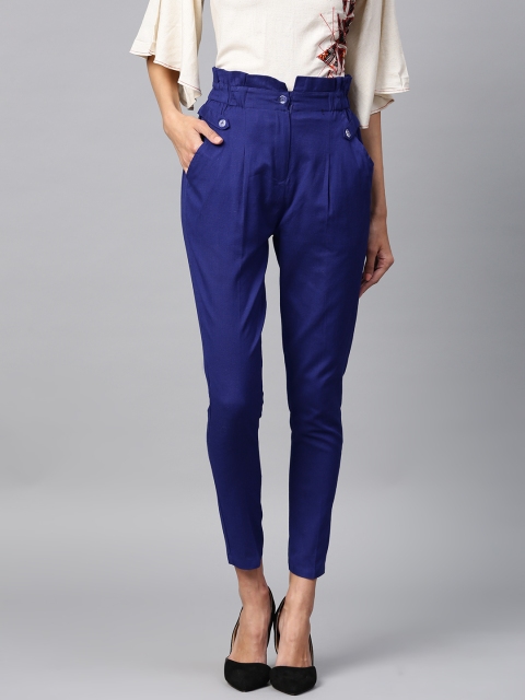 

Tulsattva Women Blue Smart Tapered Fit Solid Regular Cropped Trousers