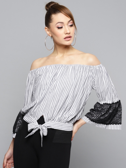 

RARE Women Grey & Off-White Bardot Top with Tie-Up Detail & Lace Inserts