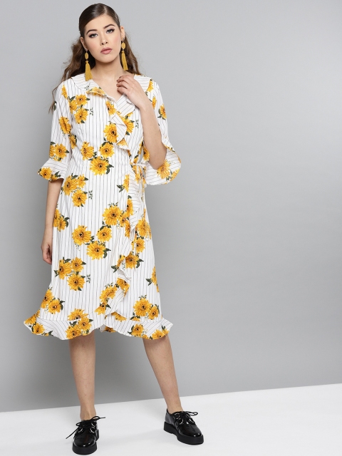 

RARE Women White & Yellow Printed Wrap Dress