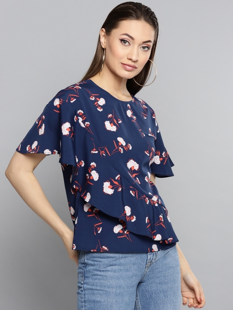 

RARE Women Navy Blue & White Floral Printed Top