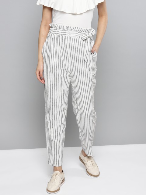

RARE Women Off-White & Charcoal Grey Loose Fit Striped Cropped Regular Trousers