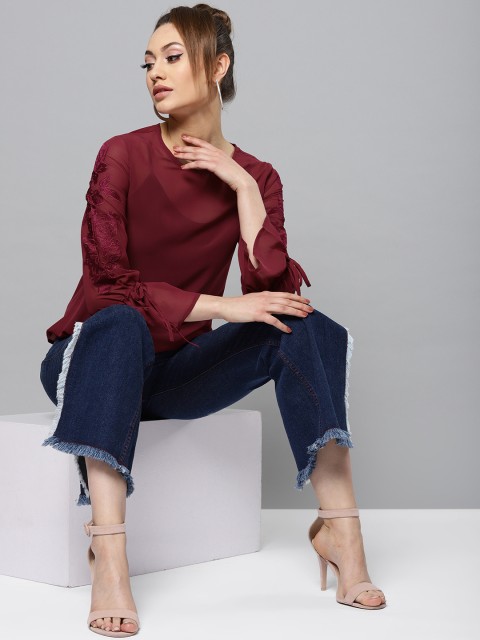 

RARE Women Burgundy Solid Semi-Sheer Top