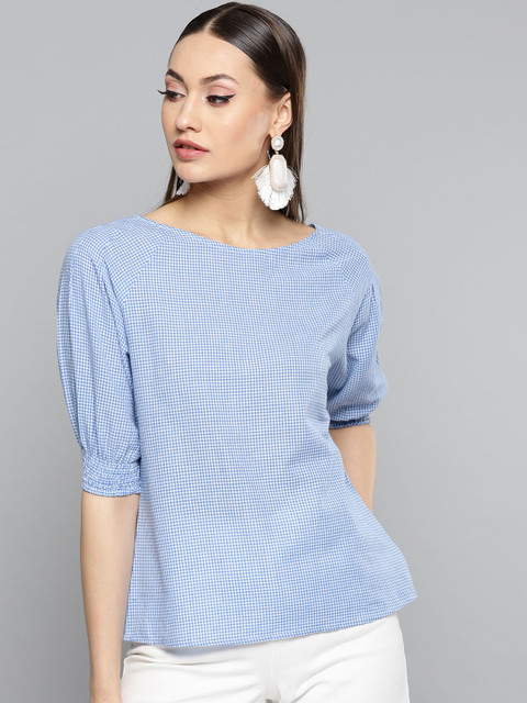 

RARE Women Blue & White Checked Pure Cotton Top