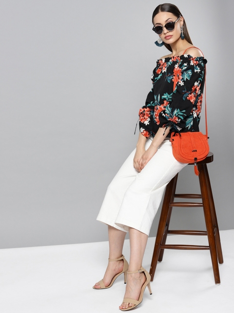 

RARE Women Black & Orange Printed Bardot Top