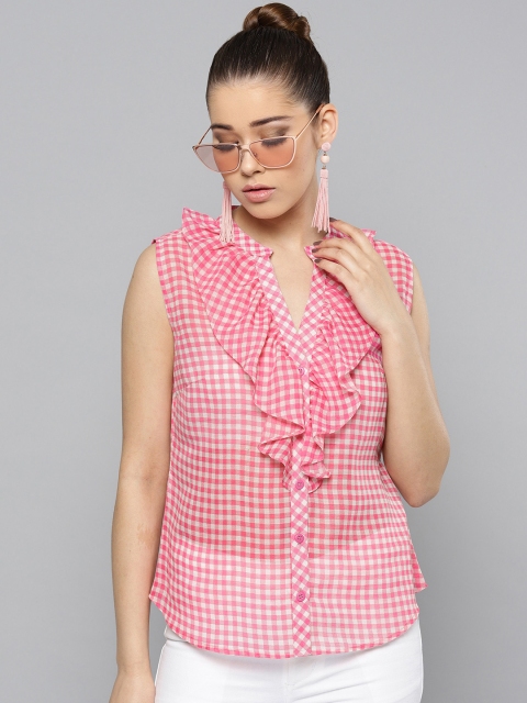 

RARE Women Pink & White Regular Fit Checked Casual Shirt
