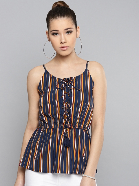 

RARE Women Navy Blue & Mustard Yellow Striped Cinched Waist Top