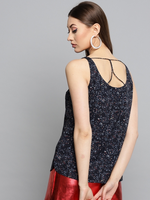 

RARE Women Navy Blue Printed Styled Back Top