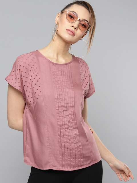 

RARE Women Dusty Pink Solid Top with Schiffli Embroidery Detail