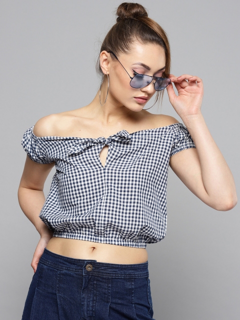 

RARE Women Navy Blue & White Checked Cropped Bardot Pure Cotton Top